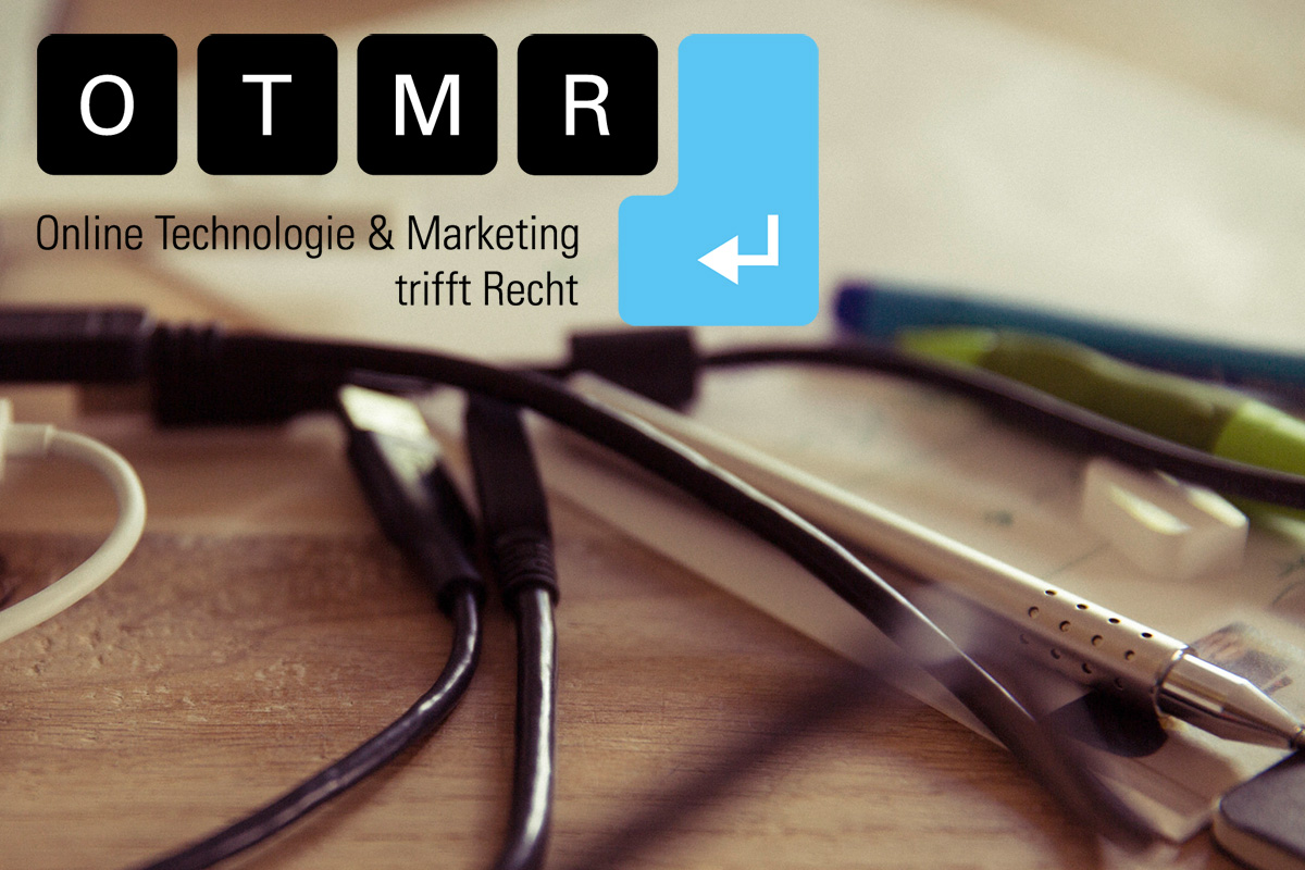 Logo der Veranstaltung "Online Technologie & Marketing trifft Recht", im Hintergrund ein Schreibtisch